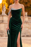 Vestido formal Maxi de veludo verde escuro com um ombro franzido e strass