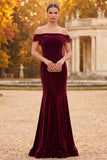 Vestido formal Maxi de veludo de veludo borgonha para sereia ao ombro descoberto