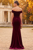 Vestido formal Maxi de veludo de veludo borgonha para sereia ao ombro descoberto