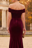 Vestido formal Maxi de veludo de veludo borgonha para sereia ao ombro descoberto