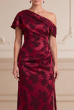 Vestido de mãe da noiva Jacquard Maxi Jacquard de um ombro assimétrico com fenda lateral