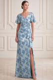 Vestido Maxi Mother of the Bride Maxi Mother of the Bride, Vestido Cinzento Azul, Decote em V, Decote em V