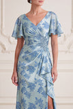 Vestido Maxi Mother of the Bride Maxi Mother of the Bride, Vestido Cinzento Azul, Decote em V, Decote em V