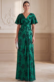 Vestido Maxi Mother of the Bride Verde Verde Escuro com decote em V e decote em V, jacquard franzido