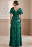 Vestido Maxi Mother of the Bride Verde Verde Escuro com decote em V e decote em V, jacquard franzido