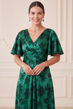 Vestido Maxi Mother of the Bride Verde Verde Escuro com decote em V e decote em V, jacquard franzido