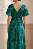 Vestido Maxi Mother of the Bride Verde Verde Escuro com decote em V e decote em V, jacquard franzido