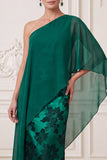 Vestido Maxi de Mãe da Noiva, Maxi Mãe da Noiva com Capa de Cetim Verde Escuro Verde Escuro e Capa