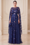 Vestido de Mãe da Noiva com decote ilusão, decote azul azul A-Line com Capa