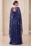 Vestido de Mãe da Noiva com decote ilusão, decote azul azul A-Line com Capa