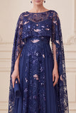 Vestido de Mãe da Noiva com decote ilusão, decote azul azul A-Line com Capa