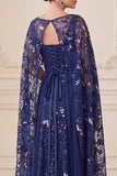 Vestido de Mãe da Noiva com decote ilusão, decote azul azul A-Line com Capa