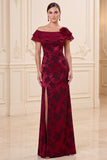 Vestido de mãe da noiva com uma bainha de vinho com bainha de ombro 3D Jacquard Long Mãe da Noiva