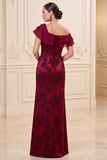 Vestido de mãe da noiva com uma bainha de vinho com bainha de ombro 3D Jacquard Long Mãe da Noiva