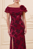 Vestido de mãe da noiva com uma bainha de vinho com bainha de ombro 3D Jacquard Long Mãe da Noiva