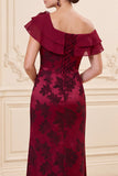 Vestido de mãe da noiva com uma bainha de vinho com bainha de ombro 3D Jacquard Long Mãe da Noiva