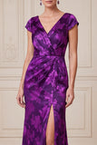 Vestido de mãe da noiva, vestido de mãe da noiva, vestido de decote em V de cetim em forma de v, roxo escuro e decote em V