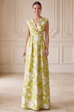Vestido verde de decote em V, estampado em V, com estampado e franzidos de mãe da noiva