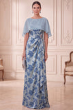 Vestido de mãe da noiva com decote de barco cinzenta-azul, estampado e franzado, com capa