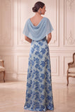 Vestido de mãe da noiva com decote de barco cinzenta-azul, estampado e franzado, com capa