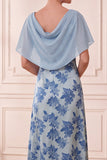 Vestido de mãe da noiva com decote de barco cinzenta-azul, estampado e franzado, com capa