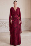 Vestido de mãe da noiva Jacquard de decote em V com bainha de vinho e capa