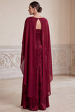 Vestido de mãe da noiva Jacquard de decote em V com bainha de vinho e capa