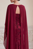 Vestido de mãe da noiva Jacquard de decote em V com bainha de vinho e capa