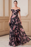 Vestido de Mãe da Noiva preto, cor-de-rosa em linha A com estampado de chiffon