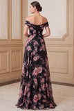 Vestido de Mãe da Noiva preto, cor-de-rosa em linha A com estampado de chiffon