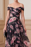 Vestido de Mãe da Noiva preto, cor-de-rosa em linha A com estampado de chiffon