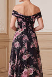Vestido de Mãe da Noiva preto, cor-de-rosa em linha A com estampado de chiffon