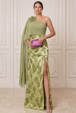 Capa verde de chiffon de um ombro drapeado Maxi Estampado Vestido de Mãe da Noiva com Flor 3D