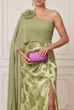 Capa verde de chiffon de um ombro drapeado Maxi Estampado Vestido de Mãe da Noiva com Flor 3D