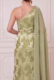 Capa verde de chiffon de um ombro drapeado Maxi Estampado Vestido de Mãe da Noiva com Flor 3D