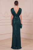 Vestido longo de mãe da noiva verde escuro com decote em V, bainha em V