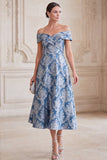 Vestido Cinzento-azul, Linha A Ombro Fora do Ombro, Jacquard Midi Mãe da Noiva