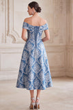 Vestido Cinzento-azul, Linha A Ombro Fora do Ombro, Jacquard Midi Mãe da Noiva