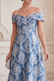 Vestido Cinzento-azul, Linha A Ombro Fora do Ombro, Jacquard Midi Mãe da Noiva