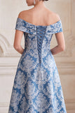 Vestido Cinzento-azul, Linha A Ombro Fora do Ombro, Jacquard Midi Mãe da Noiva