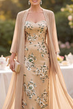 Vestido de mãe da noiva com bordado de lantejoulas champanhe com capa de chiffon