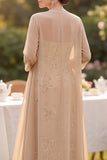 Vestido de mãe da noiva com bordado de lantejoulas champanhe com capa de chiffon