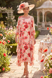 Vestido Midi de Mãe da Noiva com Flor Vermelha de Gola Redonda 3/4 Mangas e Capa de Chiffon