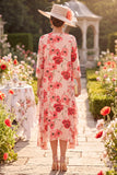 Vestido Midi de Mãe da Noiva com Flor Vermelha de Gola Redonda 3/4 Mangas e Capa de Chiffon