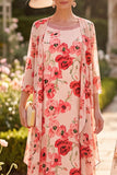 Vestido Midi de Mãe da Noiva com Flor Vermelha de Gola Redonda 3/4 Mangas e Capa de Chiffon