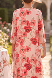 Vestido Midi de Mãe da Noiva com Flor Vermelha de Gola Redonda 3/4 Mangas e Capa de Chiffon