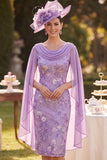Vestido Midi de Mãe da Noiva com bordado floral roxo e capa de chiffon
