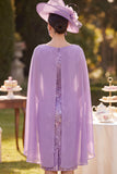 Vestido Midi de Mãe da Noiva com bordado floral roxo e capa de chiffon