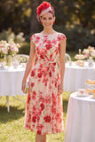 Mangas de gola bateau vermelhas Vestido Midi de Mãe da Noiva com Estampado Floral em Linha A