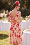 Mangas de gola bateau vermelhas Vestido Midi de Mãe da Noiva com Estampado Floral em Linha A